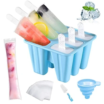 Abbildung von AmzKoi Eisformen Eis am Stiel Silikon, 6 Zellen Formen BPA Frei für Kinder, Erwachsen und Baby, Popsicle Set mit Reinigungsbürste Falttrichter (Blau)