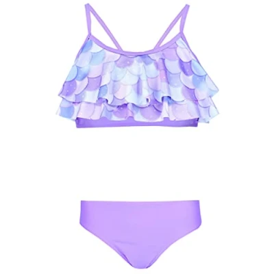 Abbildung von Aquarti Mädchen Bikini Set Bustier Bikinislip Zweiteiliger Badeanzug, Farbe: 030G mit Rüschen/Meerjungfrau Blau/Grün/Violett, Größe: 140