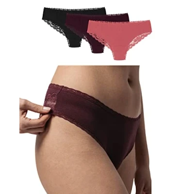 Abbildung von Snocks Brazilian Slip mit Spitze Damen aus Bio Baumwolle (3er Pack) Damenunterwäsche perfekter Passform und angenehmem Tragegefühl Unterwäsche Frauen Gr.M, Farbe Mauve/Rott/Schwarz