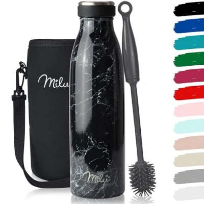Abbildung von Milu Edelstahl Trinkflasche 350ml 500ml 750ml 1L 1,5L Thermosflasche, Isolierte Wasserflasche, Auslaufsichere Isolierflasche doppelwandig, Kohlensäure geeignet inkl. Reinigungsbürste (Granit, 500ml)