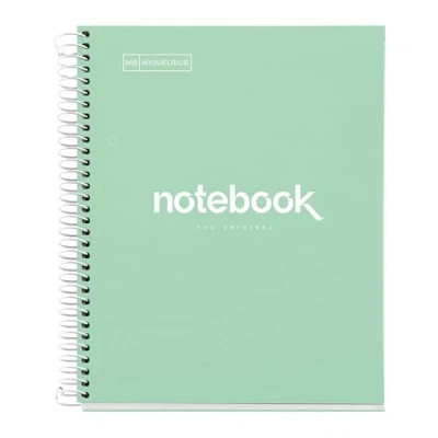 Abbildung von Miquelrius Notizbuch A5 Notebook, 1 farbiger Streifen, 80 Blatt mit horizontalem Lineatur 7 mm, Papier 90 g/m² mikroperforiert 2 Bohrungen für Ringe, Einband aus Karton, Farbe Mintgrün