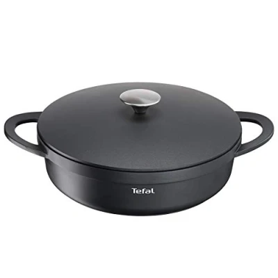 Abbildung von TEFAL Trattoria Schmorpfanne 28 cm hoher Rand, Servierpfanne Induktion aus Aluguss mit Gussdeckel, Antihaft Beschichtung, gute Wärmespeicherung, backofengeeignet, für alle Herdarten geeignet, E21872