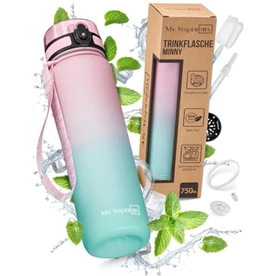 Abbildung von My Vesperbox Minny Kinder Trinkflasche auslaufsicher 750ml mit Strohhalm oder Sieb leichte Tritan Wasserflasche BPA frei für Kindergarten, Schule (Rosa Türkis 750ml)