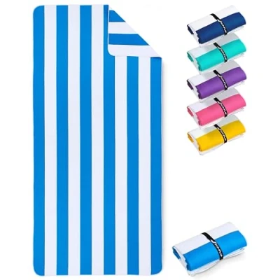 Abbildung von Fit Flip Strandtuch XXL Mikrofaser Badetuch Strandtücher leicht und schnelltrocknend 100% recyceltes Handtuch Strandhandtuch zum Baden (Himmelblau Weiß gestreift 200x90cm)