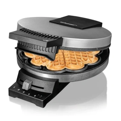 Abbildung von Cloer 189 Waffeleisen für eine Herzwaffel, Doppelbeschichtung, 930 W, Waffelgröße 16 cm, schwere Backplatten, optische und akustische Fertigmeldung, Edelstahl