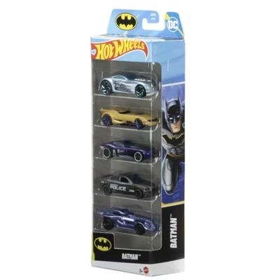 Abbildung von Hot Wheels Batman Spielzeugautos im 5er Pack, Set aus 5 Die Cast Fahrzeugen Maßstab 1:64 Design, einschließlich des Batmobiles, JDR18