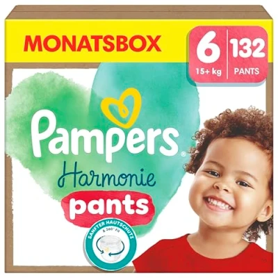 Abbildung von Pampers Harmonie Windeln Pants Baby, Größe 6 (15kg+), Monatsbox, sanfter Hautschutz und pflanzenbasierte Inhaltsstoffe, 132 Höschenwindeln