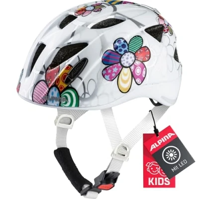 Abbildung von ALPINA XIMO FLASH Beleuchteter, Reflektierender, Leichter &amp; Anpassbarer LED Fahrradhelm Für Kinder, white flower gloss, 47 51 cm