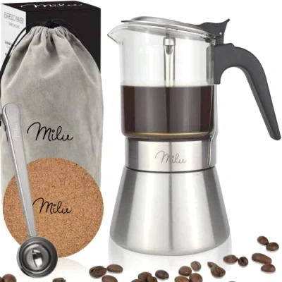 Abbildung von Milu Espressokocher Induktion geeignet 4, 6 Tassen Edelstahl Glas Mokkakanne, Espressokanne, Espresso Maker Set inkl. Untersetzer, Löffel, Bürste (4 200ml)