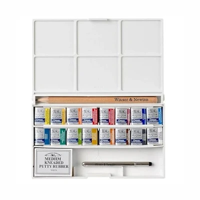 Abbildung von Winsor &amp; Newton 0390060 Cotman Aquarellfarben Taschenset 16 Farben, lebendige Wasserfarben mit hoher Lichtechtheit, große Farbauswahl, Alterungsbeständig halbe Näpfe, Mischpalette, Pinsel