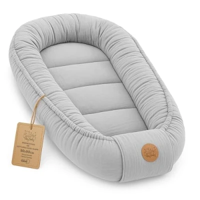 Abbildung von Babynest babynestchen neugeborene mit tragegriff 90 x 50 cm baby nestchen tragbar nest für bett kinder kuschelnest coccon Jungen und Mädchen Grau Musselin C