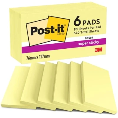 Abbildung von Post it Super Sticky Notes Kanariengelb, Packung mit 6 Blöcken, 90 Blatt pro Block, 76 mm x 127 mm, Farbe: Gelb Extra stark klebende Notizzettel für Notizen, To Do Listen und Erinnerungen