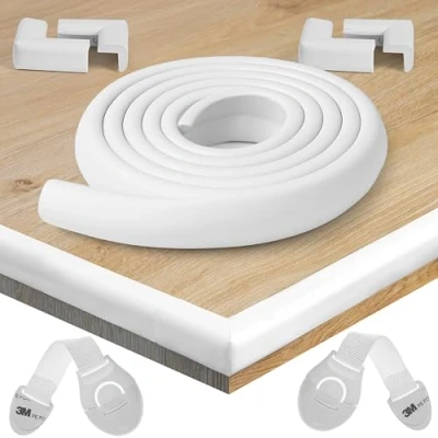 Abbildung von HAPPY CHLEA® Kantenschutz Baby und 4 Eckenschutz aus Schaumstoff. Tischkantenschutz Eckenschützer: 2,4 M gesamt für Tisch Möbel Ecken. 2 Schubladensicherung. Zertifikat (Weiß)