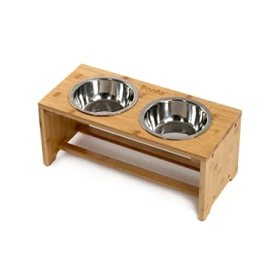 Abbildung von lionto erhöhter Hundenapf aus robustem &amp; pflegeleichtem Bambus, 44x20x19 cm, doppelter Futternapf für Hunde Katzen, 2 Edelstahlnäpfe Ø 14 cm je 550 ml Fassungsvermögen, rutschfest gelenkschonend
