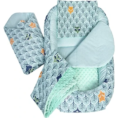 Abbildung von Medi Partners 5 teilig Babynestchen Set Babynest 100x60x15 herausnehmbarer Einsatz Bett Kuschelnest Krabbeldecke Babys Neugeborene 100% Baumwolle (Wald mit Minzer Minky)
