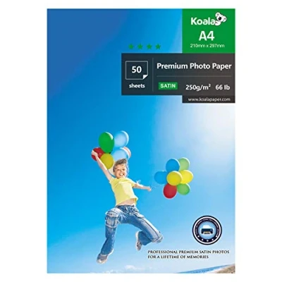 Abbildung von KOALA Inkjet Satin/Oyster Fotopapier, A4, 297 x 210 mm, 250 g/m², 50 Blatt, mit Premium Satin Harz beschichtet, für Canon, HP, Epson, Tintenstrahldrucker