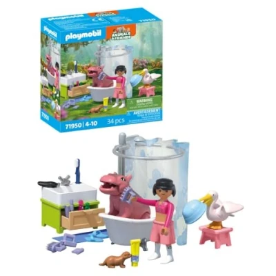 Abbildung von PLAYMOBIL Animals &amp; Friends Tierischer Badespaß Spielzeug ab 4 Jahren Geschenk für Kinder Fördert Kreativität Umgang mit Tieren Pflege und Baden der Tiere Zubehör 71950