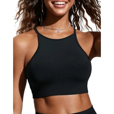 Abbildung von CRZ YOGA Damen Bikinitops Stehkragen Bikini Sport BH Racerback Gepolstert Bikinioberteil Sexy Oberteil Schwarz 44