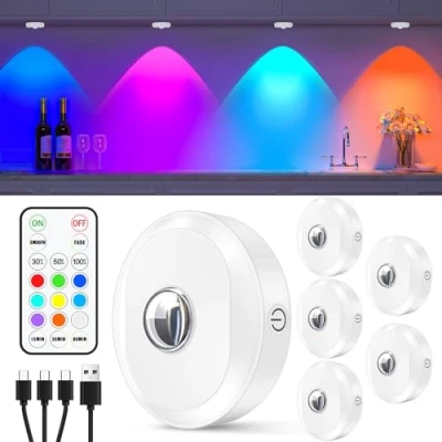 Abbildung von WILLED USB Aufladbar RGB LED Spots Akku mit Fernbedienung, Kabellos Vitrinenbeleuchtung Timing Funktion, Farbwechsel Schrankbeleuchtung, Magnetisch Dimmbar Unterbauleuchte Küche LED(6er Pack)