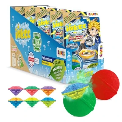 Abbildung von INKEE Surprise BLADE Kampfkreisel 5x Badebomben Kinder mit Überraschung 5 von 6 mini Kreiseln Badekugeln 100g Schokolade Duft und Kakaobutter, Grün oder Rot