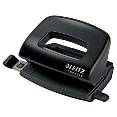 Abbildung von Leitz Recycle NeXXt Mini Locher, Für 10 Blatt A4, 100% recycelbar, Stahl &amp; recycelter Kunststoff, CO2 kompensiert, Umweltfreundlich, Serie, Schwarz, 50100095
