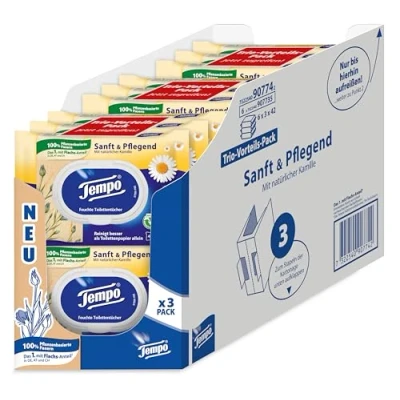 Abbildung von Tempo Toilettenpapier feucht Sanft Pflegend Trio Pack (18 (6 x 3) Packungen je 42 Blatt), Großpackung, 1 kg