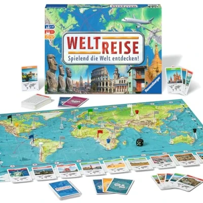 Abbildung von Ravensburger Familienspiel 26888 Weltreise Familienklassiker ab 8 Jahren Gesellschaftsspiel, Reise einmal um die Welt, Brettspiel für bis zu 6 Spieler über 170 Städte