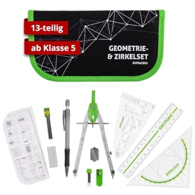 Abbildung von DynaTech Zirkel Set Geometrieset 13 Teilig mit Schnellverstellzirkel, Geodreieck, Parabel, Bleistift, Lineal, Spitzer und Ersatzminen im Etui grün praktisches Mathematik inkl. Federmappe