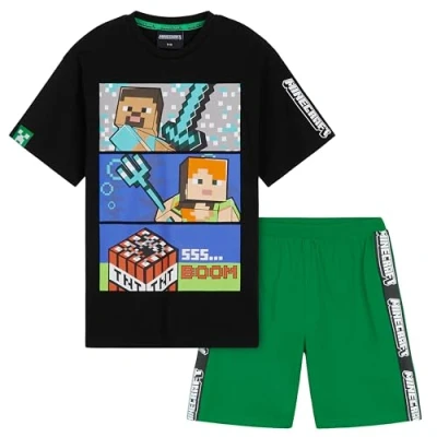 Abbildung von Minecraft Schlafanzug Jungen Kurz, Pyjama Set mit T Shirt &amp; Schlafshorts (Schwarz/Grün, 9 10 Jahre)
