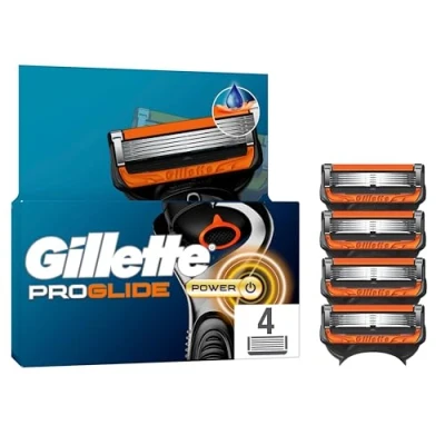 Abbildung von Gillette Fusion5 Proglide Power 4 Ersatzklingen mit 2x Gleitstreifen vor und nach den Klingen neuer EverGlide für unglaubliche Gründlichkeit Komfort
