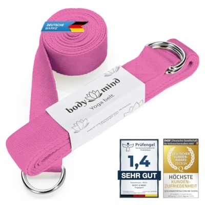 Abbildung von Body &amp; Mind® Yogagurt aus 100% Natur Baumwolle 250 cm lang; Yoga Band mit D Ring Verschluss für Anfänger Fortgeschrittene; Pilates, Fitness Übungen (Rosenquarz)