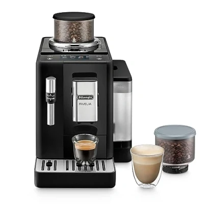 Abbildung von De&#039;Longhi Rivelia EXAM440.35.B Kaffeevollautomat mit Milchaufschäumdüse, Wechselbarer Bohnenbehälter, 8 Kaffeegetränke auf Knopfdruck, Extra Shot Funktion, 3,5&quot; Touch Display, Onyx Schwarz