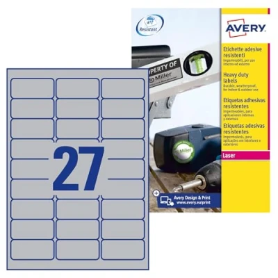 Abbildung von AVERY Zweckform L6011 8 Typenschild Folienetiketten (216 Aufkleber, 63,5x29,6mm auf A4, stark selbstklebend, strapazierfähig, wetterfest, bedruckbare Klebefolie, blanko) Blatt, silber