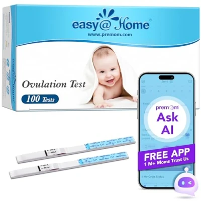 Abbildung von Easy@Home 100 Ovulationstest Kinderwunsch Fruchtbarkeitstest für Frauen Eisprung 25 mIU/ml mit Optimaler Sensitivität Unterstützt von Premom Fertilitätsmonitor Ovulation APP LH Test