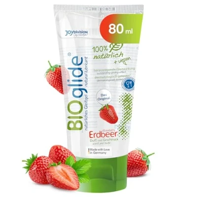 Abbildung von JOYDIVISION Original BIOglide Erdbeer Gleitgel 80 ml I Gleitmittel 100% natürlich &amp; vegan Wasserbasiertes mit Geschmack Duft Bio für Latexkondome geeignet Lube water based