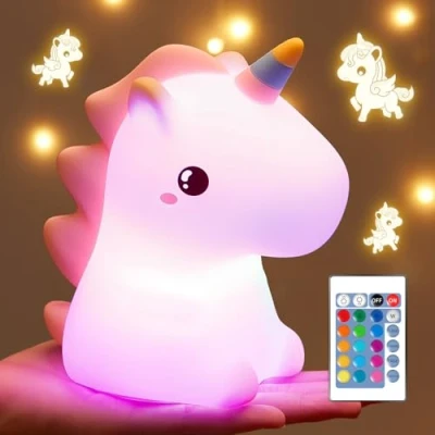 Abbildung von One Fire Nachtlicht Kinder Baby,16 Farben 5 Helligkeit Einhorn Geschenke für Mädchen,1200 mAh Unicorn Baby Nachttischlampe Kinder,Stilllicht Lampe Kinderzimmer