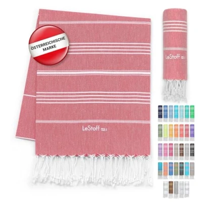 Abbildung von LeStoff Premium Hamamtuch 100% Bio Baumwolle Vorgewaschen, Nachhaltig, Saugstark &amp; Schnelltrocknend Strand, Bade, Dusch, Yoga, Spa Reise Tuch (95 x 180 cm, Red)