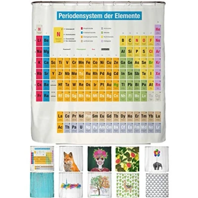 Abbildung von arteneur® Duschvorhang Periodensystem Deutsch Anti Schimmel Duschvorhänge 180x200 Recycelt mit Öko Tex Standard 100 Beschwerter Saum, Blickdicht, Wasserdicht, Waschbar, 12 Ringe &amp; E Book