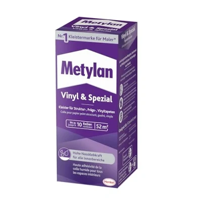 Abbildung von Metylan Vinyl &amp; Spezial, starker Tapetenkleister in Pulverform für schwere Präge und Vinyltapeten, leicht zu verarbeitender Kleister den Innenbereich, transparent, 1x360g