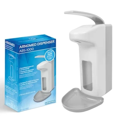 Abbildung von 1x ARNOMED Kunststoff Desinfektionsspender, Desinfektionsmittel Spender für 1000ml, Eurospender, Seifenspender Weiss zur Wand Befestigung, Desinfektionsspender Wand, stehend ohne Bohren