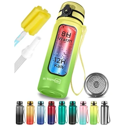Abbildung von My Vesperbox Thermo Minny Edelstahl Trinkflasche auslaufsicher mit Strohhalm oder Sieb 400ml, 600ml Robuste Wasserflasche für Kinder und Erwachsene BPA frei (Grün Gelb, 600 ml)