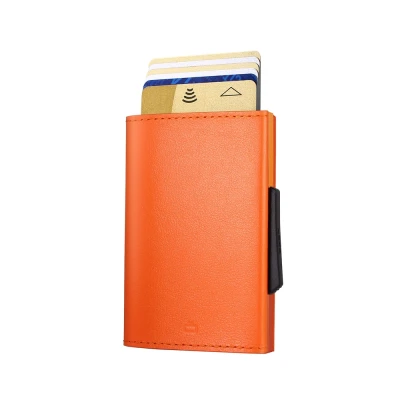 Abbildung von OGON Automatische Geldbörse aus Aluminium un Leder Cascade Slim Wallet RFID Blockierung Bis zu 8 Karten und Banknoten (Orange)