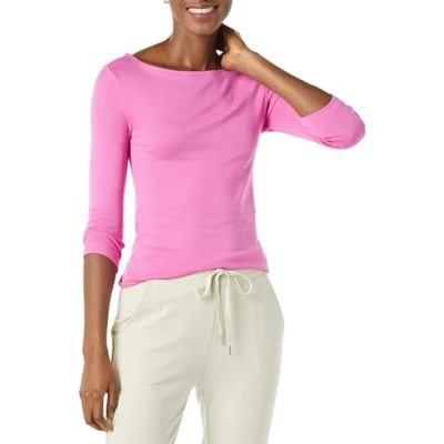 Abbildung von Amazon Essentials Damen T Shirt mit Bateau Ausschnitt und 3/4 Ärmeln in schmaler Passform, Kräftiges Rosa, L
