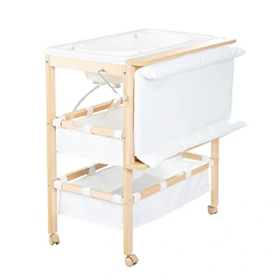 Abbildung von roba Bade Wickel Kombi Baby Pool Wickeltisch klappbar mit integrierter Badewanne Mobile Kombination aus Holz Schwenkbare Wickelfläche inkl. Wickelauflage weiß