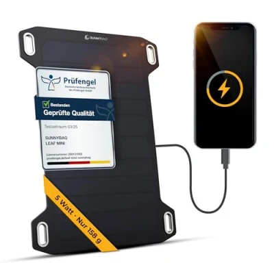 Abbildung von Sunnybag Leaf Mini 2.0 Tragbares Solarpanel mit 5 Watt Leistung, Wasserfest, Ultraleicht 158g Solarladegerät USB Anschluss für Wandern, Camping, Outdoor Verwendung POWERBANK empfohlen