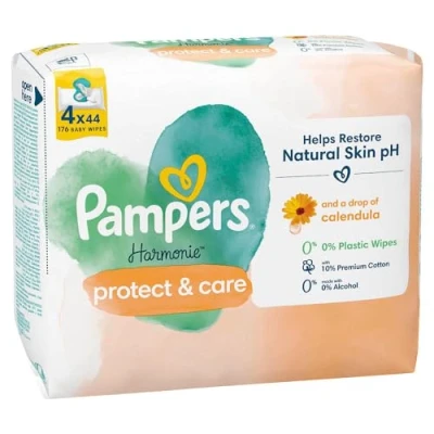 Abbildung von Pampers Harmonie Protect &amp; Care Baby Feuchttücher 4 Packungen 44 Tücher = 176 Babyfeuchttücher, Helfen Sie dabei, natürliche Hautph, und ein wenig Ringelblume