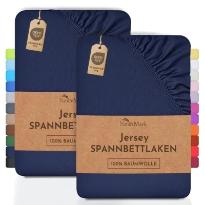 Abbildung von NatureMark 2er Pack Jersey Spannbettlaken, Spannbetttuch 100% Baumwolle in vielen Größen und Farben MARKENQUALITÄT ÖKOTEX Standard 100 90 x 200 cm Navy blau
