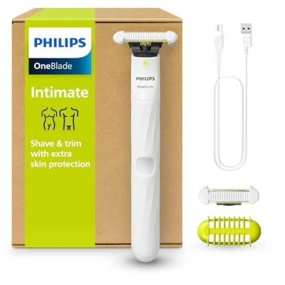 Abbildung von Philips OneBlade Intimate, elektrischer Intimrasierer und Intimtrimmer für Männer Frauen, mit extra Hautschutz, weiss, Modell QP1924/30