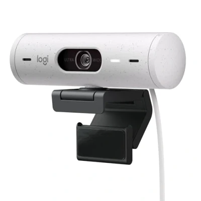 Abbildung von Logitech Brio 500 Full HD Webcam mit Auto Lichtkorrektur, Zeigemodus, Doppelmikrofon + Rauschunterdrückung, Abdeckung, für Microsoft Teams, Google Meet, Zoom, USB C Kabel Weiß