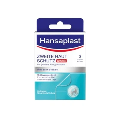 Abbildung von Hansaplast Pflaster Zweite Haut Schutz Gross (3 Strips), dünnes und flexibles Hydrokolloid mit Heilkapsel Technologie, wasserdichtes Wundpflaster extra starkem Halt für mindestens 72h
